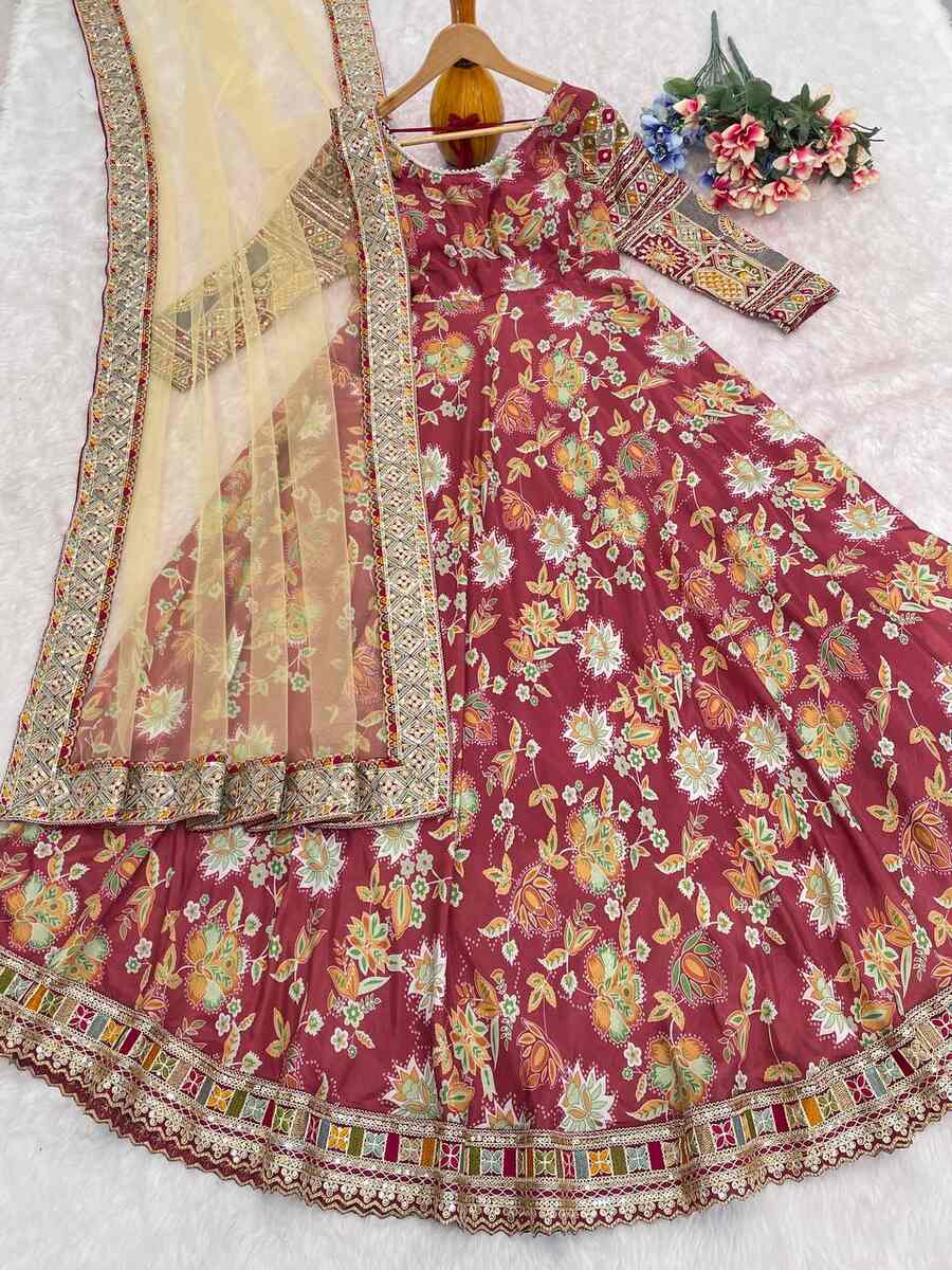 BOLLYWOOD CHINON SILK EMBROIDERY MULTI THREAD & SEQUENCE WITH DIGITAL PRINTS WORK GOWN WITH DUPATTA PARTY WEAR WHOLESALE PRICE ETHNIC GARMENT (6)