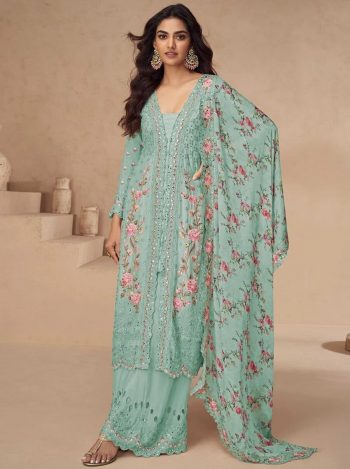 DESIGNER AIRTEX CHINON EMBROIDERY SEQUENCE WORK WITH MIRROR AND DIAMOND WORK TOP PALAZZO WITH DUPATTA SKY