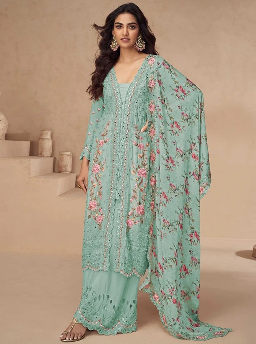 DESIGNER AIRTEX CHINON EMBROIDERY SEQUENCE WORK WITH MIRROR AND DIAMOND WORK TOP PALAZZO WITH DUPATTA FESTIVE WEAR WHOLESALE PRICE ETHNIC GARMENT (40)