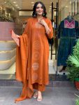 DESIGNER CHANDERI EMBROIDERY WORK TOP BOTTOM WITH DUPATTA ORANGE