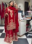 DESIGNER CHINON EMBROIDERY CODING SEQUENCE WORK TOP PALAZZO WITH DUPATTA RED
