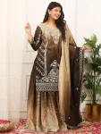 DESIGNER CHINON SILK EMBROIDERY AND SEQUENCE WORK AND HANGINGS LACE BORDER WORK TOP PALAZZO WITH DUPATTA CREAM AND BROWN