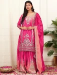 DESIGNER CHINON SILK EMBROIDERY AND SEQUENCE WORK AND HANGINGS LACE BORDER WORK TOP PALAZZO WITH DUPATTA PINK
