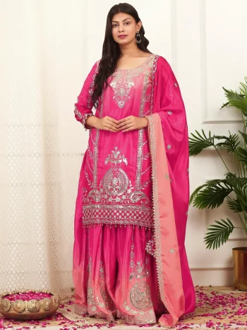 DESIGNER CHINON SILK EMBROIDERY AND SEQUENCE WORK AND HANGINGS LACE BORDER WORK TOP PALAZZO WITH DUPATTA PINK