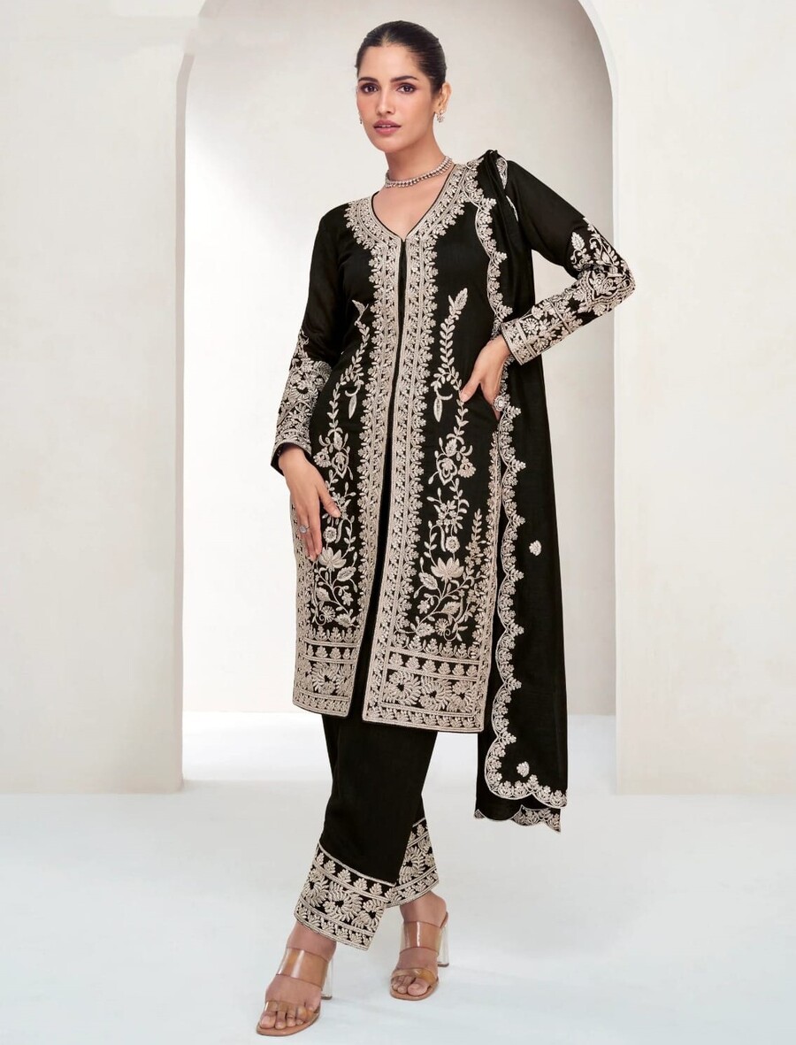 DESIGNER CHINON SILK EMBROIDERY CODING SEQUENCE WORK TOP BOTTOM WITH DUPATTA FESTIVE WEAR WHOLESALE PRICE ETHNIC GARMENT (2)