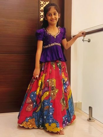 DESIGNER CHINON SILK EMBROIDERY & HAND WORK KID'S TOP LEHENGA RED AND PURPLE