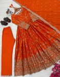 DESIGNER CHINON SILK EMBROIDERY SEQUENCE MIRROR WORK GOWN BOTTOM WITH DUPATTA ORANGE