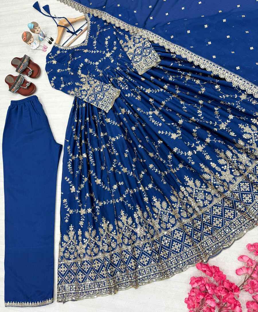 DESIGNER CHINON SILK EMBROIDERY SEQUENCE MIRROR WORK GOWN BOTTOM WITH DUPATTA FESTIVE WEAR WHOLESALE PRICE ETHNIC GARMENT (7)