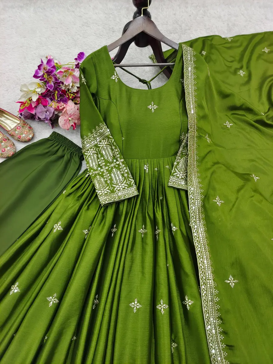 DESIGNER CHINON SILK EMBROIDERY SEQUENCE WORK GOWN BOTTOM WITH DUPATTA FESTIVE WEAR WHOLESALE PRICE ETHNIC GARMENT (2)