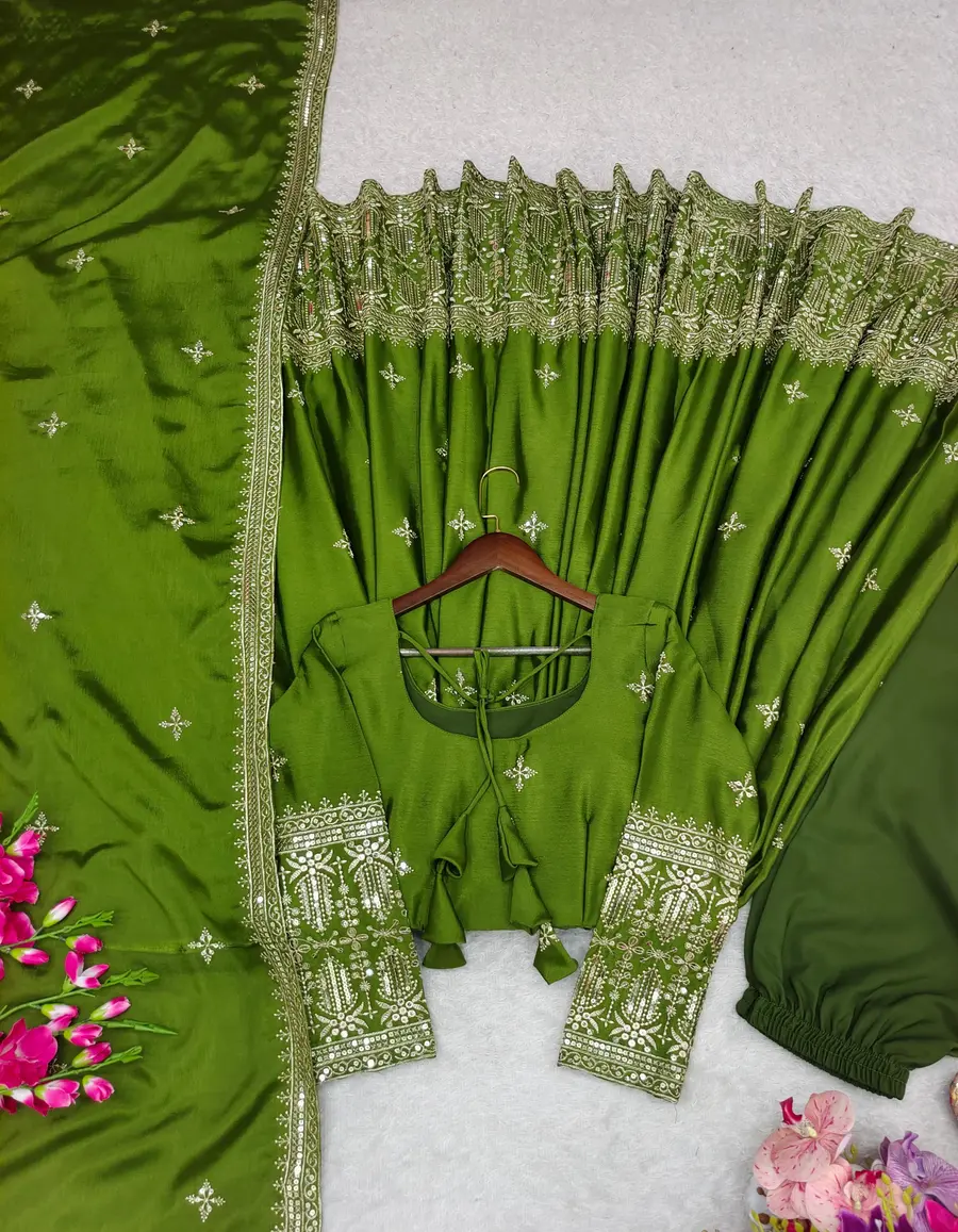 DESIGNER CHINON SILK EMBROIDERY SEQUENCE WORK GOWN BOTTOM WITH DUPATTA FESTIVE WEAR WHOLESALE PRICE ETHNIC GARMENT (4)