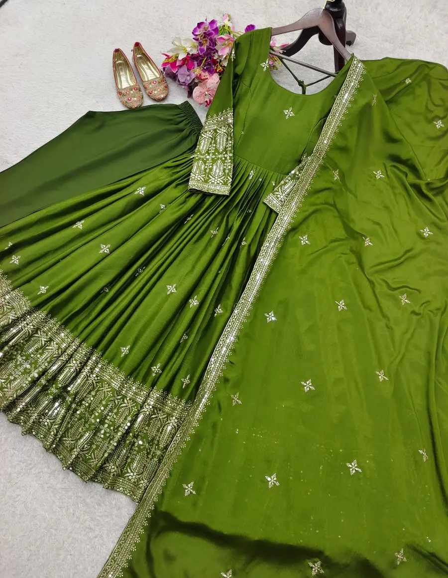 DESIGNER CHINON SILK EMBROIDERY SEQUENCE WORK GOWN BOTTOM WITH DUPATTA FESTIVE WEAR WHOLESALE PRICE ETHNIC GARMENT (5)