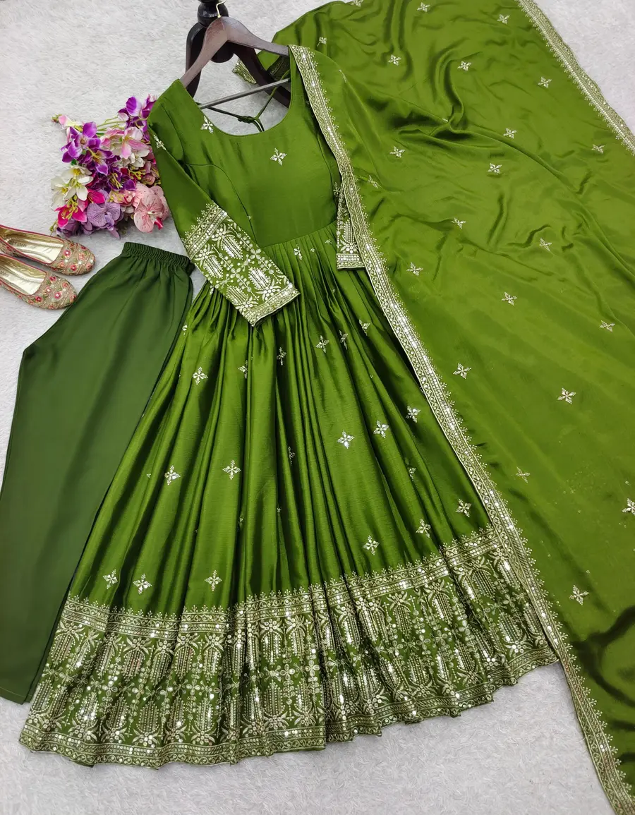 DESIGNER CHINON SILK EMBROIDERY SEQUENCE WORK GOWN BOTTOM WITH DUPATTA FESTIVE WEAR WHOLESALE PRICE ETHNIC GARMENT (6)
