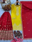 DESIGNER CHINON SILK EMBROIDERY SEQUENCE WORK TOP PALAZZO WITH DUPATTA YELLOW AND RED