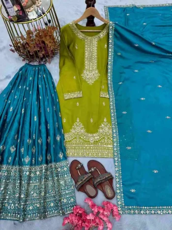 DESIGNER CHINON SILK EMBROIDERY SEQUENCE WORK TOP PALAZZO WITH DUPATTA RAMA AND PARROT GREEN