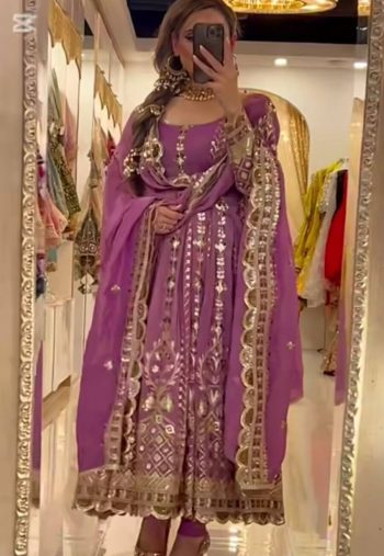 DESIGNER CHINON SILK SEQUENCE EMBROIDERY WORK ANARKALI GOWN BOTTOM WITH DUPATTA PINK
