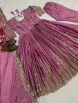 DESIGNER CHINON SILK SEQUENCE EMBROIDERY WORK ANARKALI GOWN BOTTOM WITH DUPATTA WEDDING WEAR WHOLESALE PRICE ETHNIC GARMENT (3)