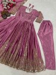 DESIGNER CHINON SILK SEQUENCE EMBROIDERY WORK ANARKALI GOWN BOTTOM WITH DUPATTA WEDDING WEAR WHOLESALE PRICE ETHNIC GARMENT (3)