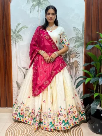DESIGNER COTTON CHAIN WORK LEHENGA CHOLI WITH DUPATTA  PINK