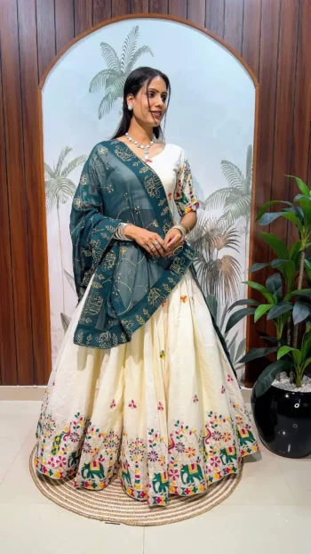 DESIGNER COTTON CHAIN WORK LEHENGA CHOLI WITH DUPATTA  GREEN