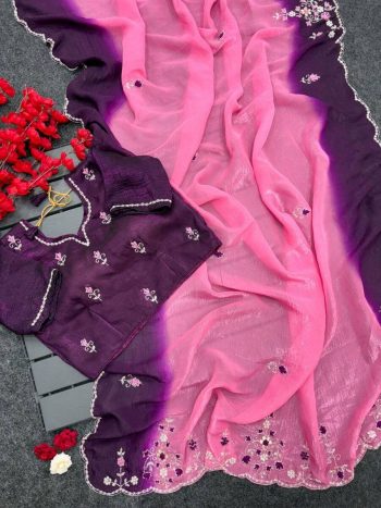 DESIGNER CRUNCHY CHIFFON BEADS AND MOTI HANDWORK WITH TREAD HAND WORK AND BUTTI WORK SAREE WITH UNSTITCHED BLOUSE PURPLE AND PINK