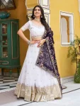 DESIGNER CRUNCHY EMBROIDERY CODING SEQUENCE WORK LEHENGA CHOLI WITH DUPATTA WHITE AND  WINE