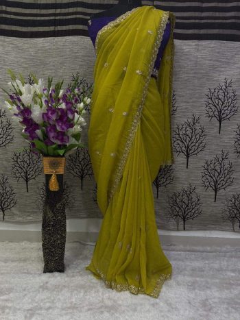 DESIGNER CRUNCHY EMBROIDERY WITH MOTI DIAMOND WORK SAREE WITH UNSTITCHED BLOUSE LEMON