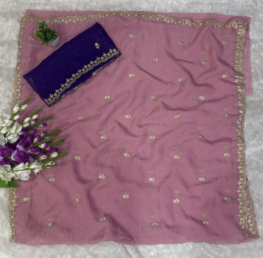 DESIGNER CRUNCHY EMBROIDERY WITH MOTI DIAMOND WORK SAREE WITH UNSTITCHED BLOUSE WEDDING WEAR WHOLESALE PRICE ETHNIC GARMENT(23)