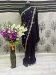 DESIGNER CRUNCHY EMBROIDERY WITH MOTI DIAMOND WORK SAREE WITH UNSTITCHED BLOUSE PURPLE