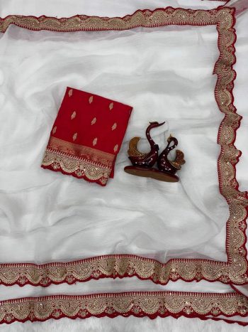 DESIGNER CRUNCHY SILK CODING SEQUENCE EMBROIDERY WORK SAREE WITH UNSTITCHED BLOUSE WHITE