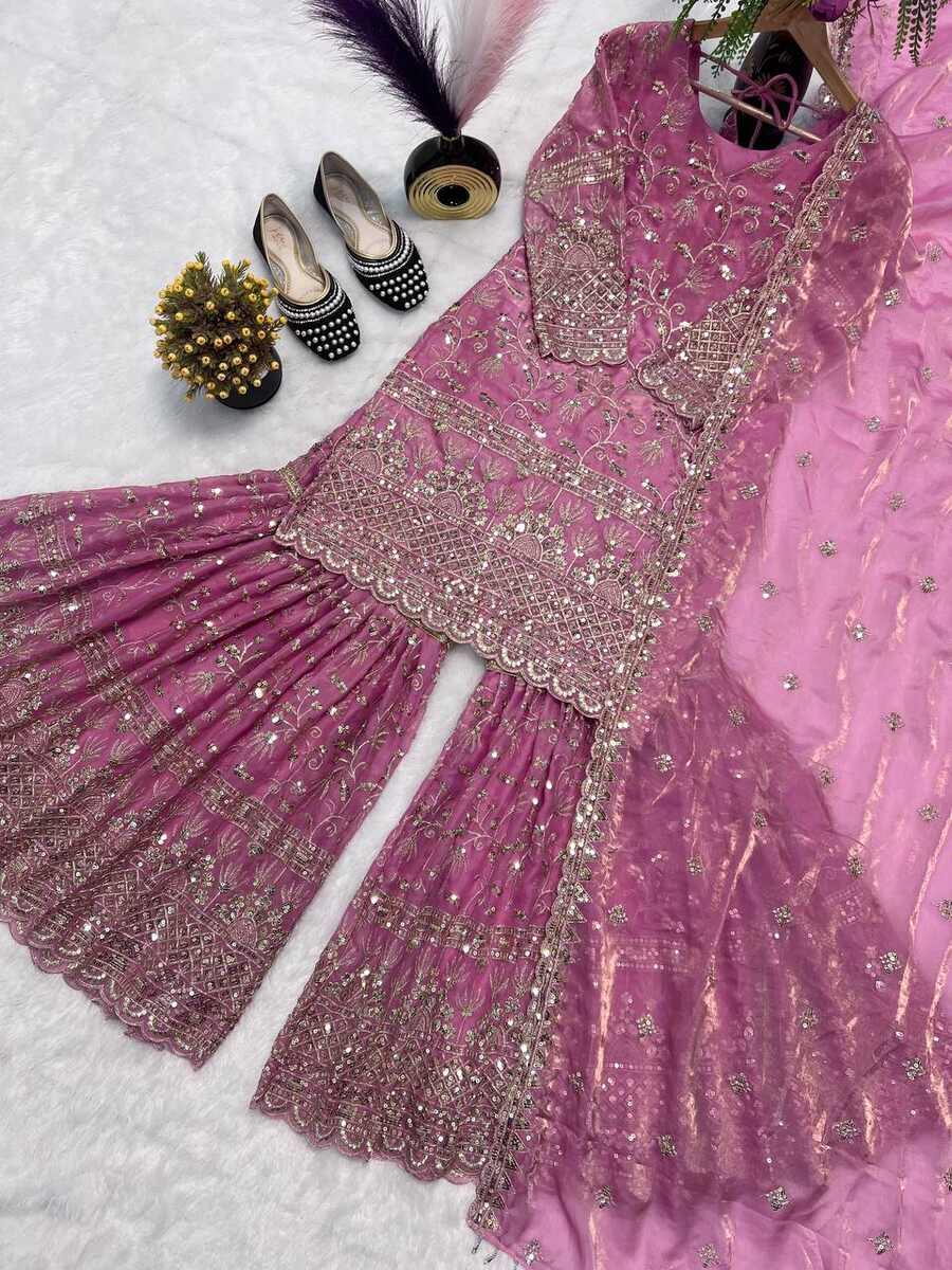 DESIGNER FENDY CRUSH SILK SEQUENCE EMBROIDERY WORK TOP SHARARA WITH DUPATTA FESTIVE WEAR WHOLESALE PRICE ETHNIC GARMENT (3)