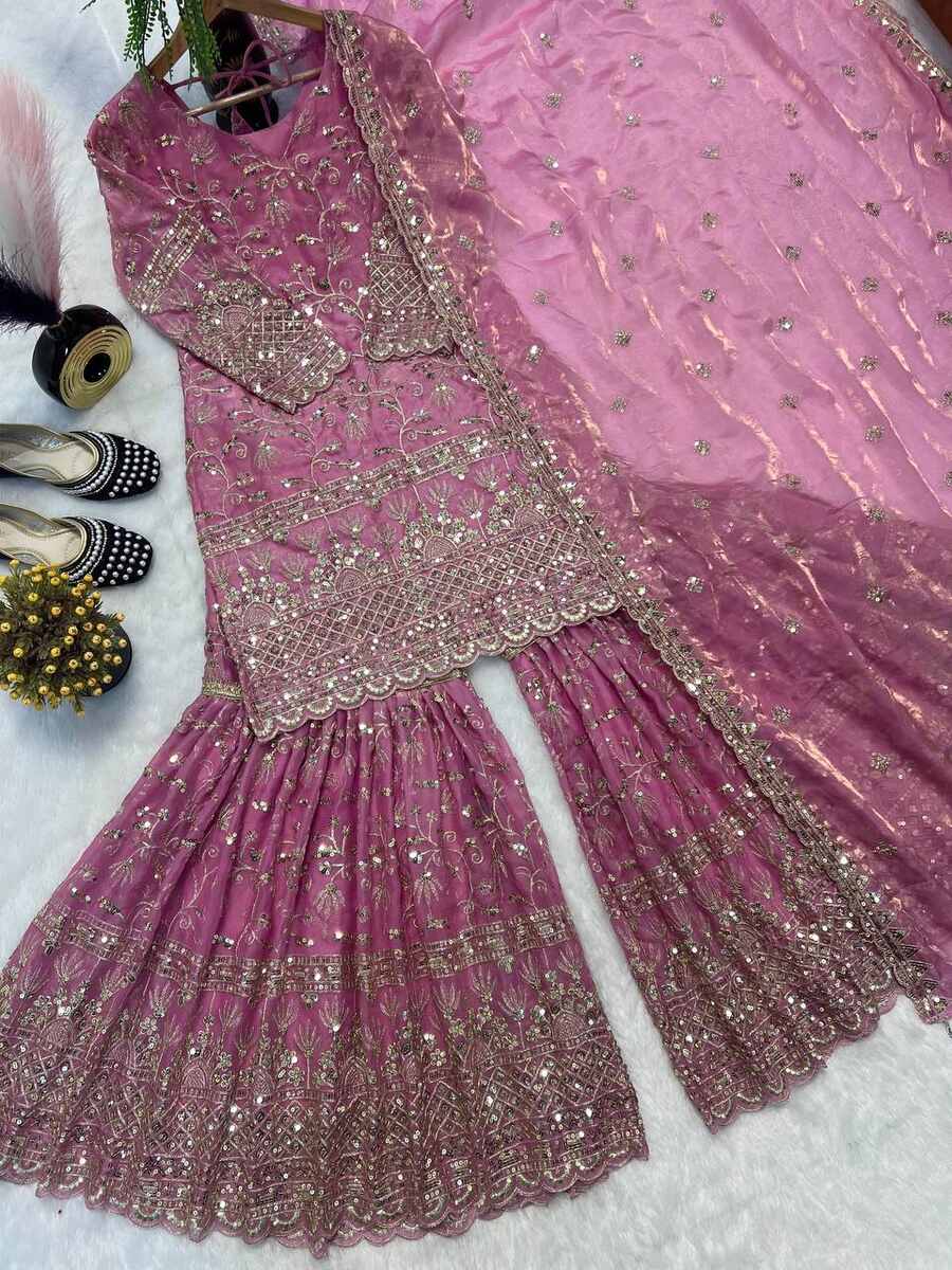 DESIGNER FENDY CRUSH SILK SEQUENCE EMBROIDERY WORK TOP SHARARA WITH DUPATTA FESTIVE WEAR WHOLESALE PRICE ETHNIC GARMENT (6)