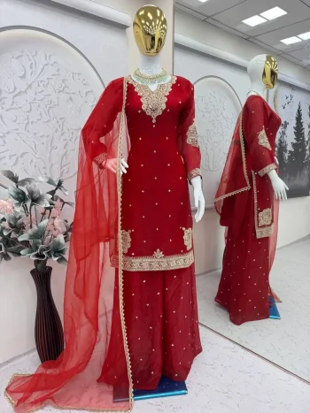 DESIGNER FENDY SATIN EMBROIDERY CODING & SEQUENCE WORK TOP PALAZZO WITH DUPATTA RED