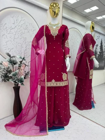 DESIGNER FENDY SATIN EMBROIDERY CODING & SEQUENCE WORK TOP PALAZZO WITH DUPATTA PINK