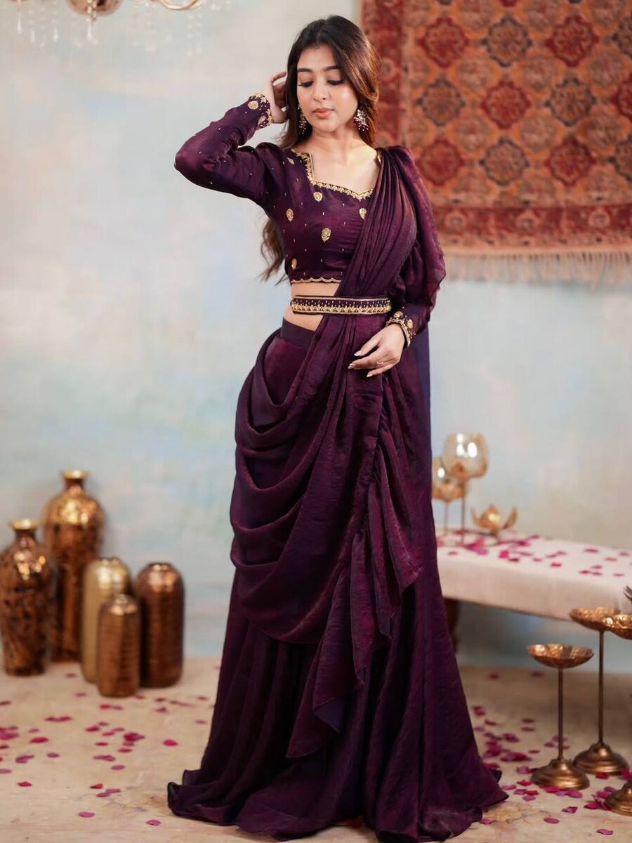 DESIGNER FENDY SILK EMBROIDERY SEQUENCE & CODING WORK LEHENGA SAREE WITH STITCHED BLOUSE AND WASIT BELT PARTY WEAR WHOLESALE PRICE ETHNIC GARMENT (2)