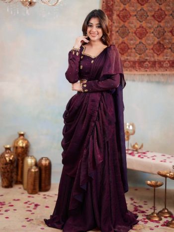 DESIGNER FENDY SILK EMBROIDERY SEQUENCE & CODING WORK LEHENGA SAREE WITH STITCHED BLOUSE AND WASIT BELT WINE