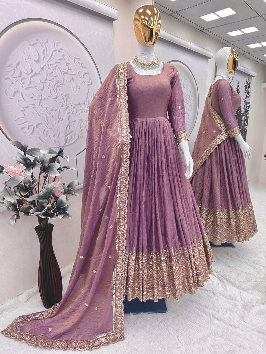 DESIGNER FENDY SILK EMBROIDERY SEQUENCE WORK GOWN WITH DUPATTA WEDDING WEAR WHOLESALE PRICE ETHNIC GARMENT (11)