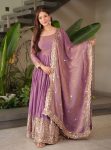 DESIGNER FENDY SILK EMBROIDERY SEQUENCE WORK GOWN WITH DUPATTA  LAVENDER