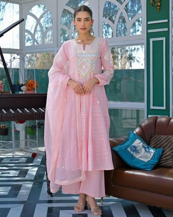 DESIGNER FLEX COTTON EMBROIDERY WORK TOP BOTTOM WITH DUPATTA BABY PINK