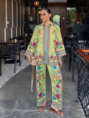 DESIGNER FRENCH CREPE DIGITAL PRINT WORK CO-ORD SET GREEN