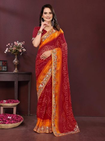 DESIGNER GEORGETTE DIGITAL PRINT WITH CONTRAST PALLU EMBROIDERY WORK SAREE WITH UNSTITCHED BLOUSE MAROON