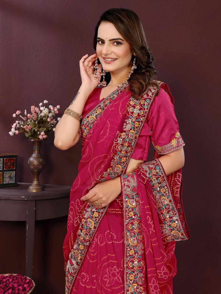 DESIGNER GEORGETTE DIGITAL PRINT WITH CONTRAST PALLU EMBROIDERY WORK SAREE WITH UNSTITCHED BLOUSE FESTIVE WEAR WHOLESALE PRICE ETHNIC GARMENT (20)