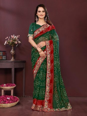 DESIGNER GEORGETTE DIGITAL PRINT WITH CONTRAST PALLU EMBROIDERY WORK SAREE WITH UNSTITCHED BLOUSE GREEN