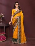 DESIGNER GEORGETTE DIGITAL PRINT WITH CONTRAST PALLU EMBROIDERY WORK SAREE WITH UNSTITCHED BLOUSE YELLOW