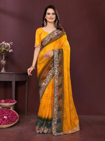 DESIGNER GEORGETTE DIGITAL PRINT WITH CONTRAST PALLU EMBROIDERY WORK SAREE WITH UNSTITCHED BLOUSE YELLOW
