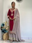 DESIGNER GEORGETTE EMBROIDERY AND SEQUENCE WORK AND RIVETED MOTI WORK TOP PALAZZO WITH DUPATTA MAROON