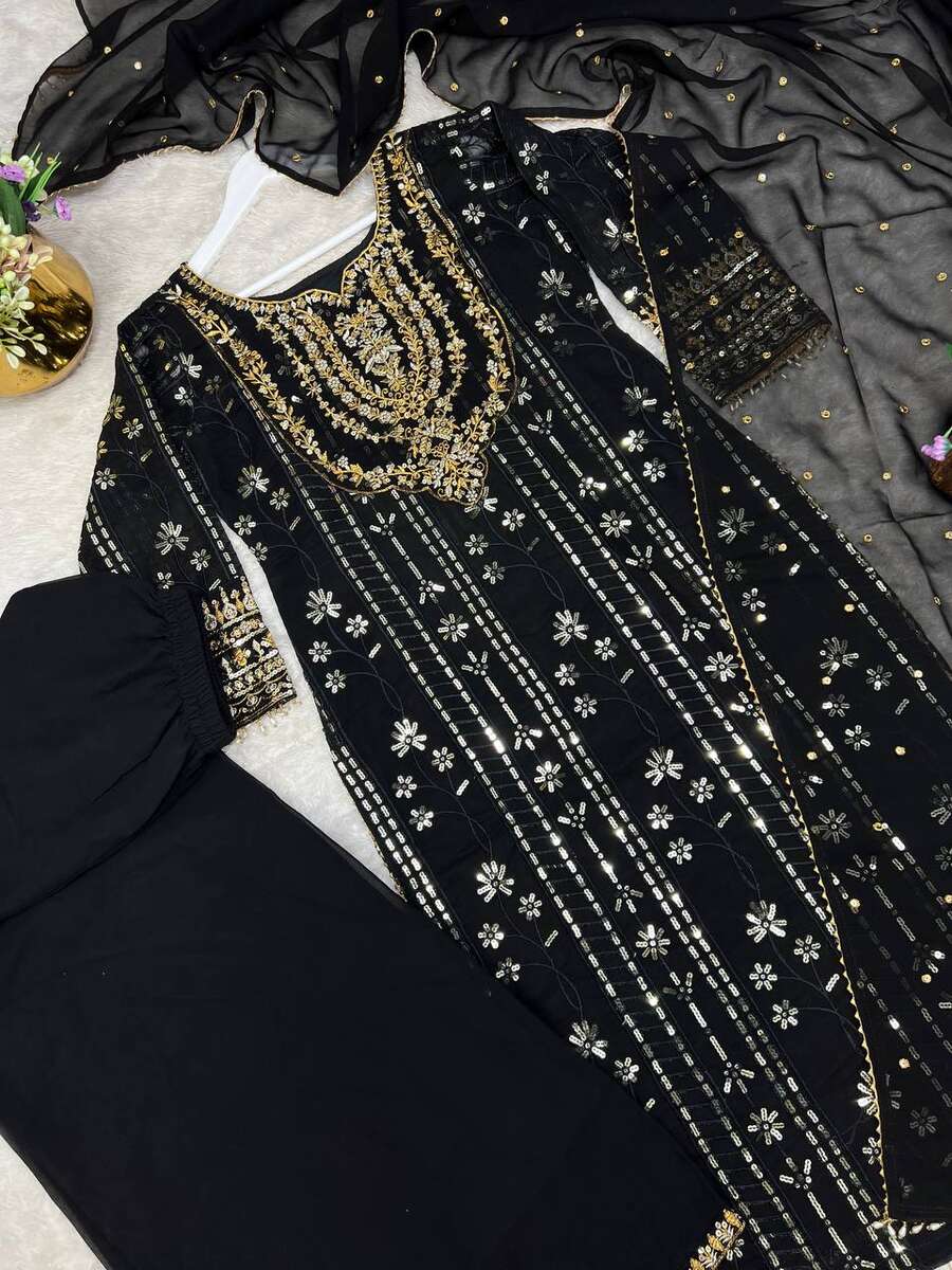 DESIGNER GEORGETTE EMBROIDERY SEQUENCE AND THREAD WORK TOP PALAZZO WITH DUPATTA FESTIVE WEAR WHOLESALE PRICE ETHNIC GARMENT (1)