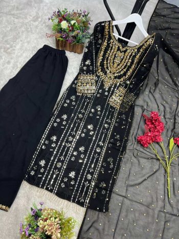 DESIGNER GEORGETTE EMBROIDERY SEQUENCE AND THREAD WORK TOP PALAZZO WITH DUPATTA BLACK