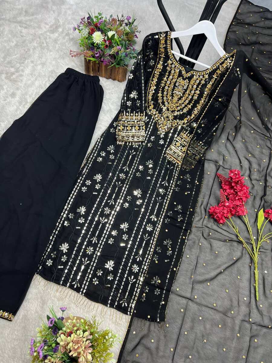 DESIGNER GEORGETTE EMBROIDERY SEQUENCE AND THREAD WORK TOP PALAZZO WITH DUPATTA FESTIVE WEAR WHOLESALE PRICE ETHNIC GARMENT (3)
