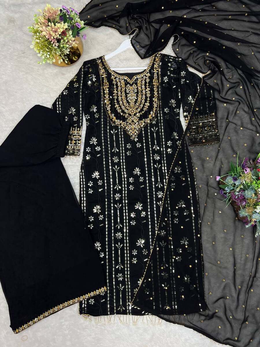 DESIGNER GEORGETTE EMBROIDERY SEQUENCE AND THREAD WORK TOP PALAZZO WITH DUPATTA FESTIVE WEAR WHOLESALE PRICE ETHNIC GARMENT (7)