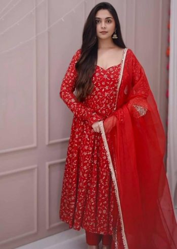 DESIGNER GEORGETTE EMBROIDERY SEQUENCE WORK ANARKALI BOTTOM WITH DUPATTA RED